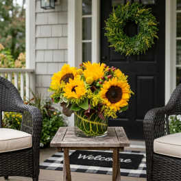 Sunflower arrangement in a glass vase on a porch table