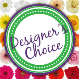 Circular floral graphic with assorted flowers around a "Designer’s Choice" label