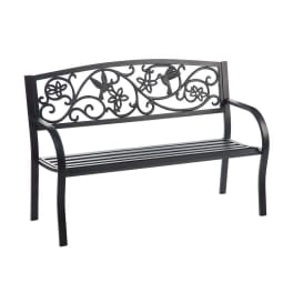 Black metal bench with decorative bird and flower backrest