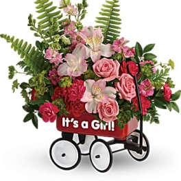 Pink flower arrangement in a red wagon with "It's a Girl!" text