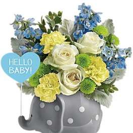Bouquet in a gray elephant vase with a blue "Hello Baby!" sign