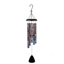 Black hanging wind chime with printed metal tubes and a clapper