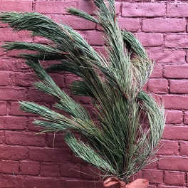 Bundle of long green grass tied with a pink ribbon