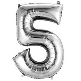 Silver foil balloon shaped like the number 5