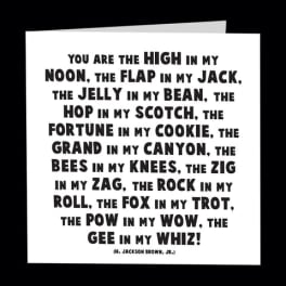 White greeting card with a bold black quote printed on the front