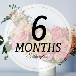 Pink and cream rose bouquet with greenery behind a "6 MONTHS Subscription" graphic