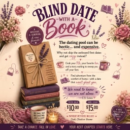Promotional poster with flowers, books, a mug, and a candle for a blind date with a book.