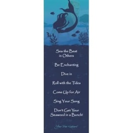 Tall blue bookmark with mermaid silhouette and whimsical advice text.