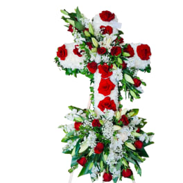 Standing floral cross with red roses and white flowers