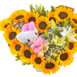 Heart-shaped bouquet of sunflowers with a Hello Kitty plush and white lilies