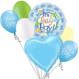 Cluster of blue baby shower balloons with a heart balloon and "It's A Boy" text