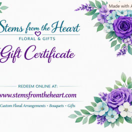 Floral gift certificate with purple and blue flower corners