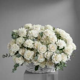 White rose arrangement in a white wicker basket with eucalyptus accents