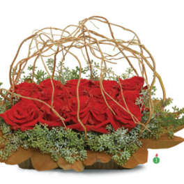 Red roses in a low basket with curly twig accents