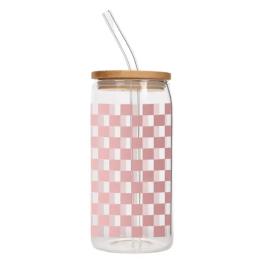 Clear glass tumbler with pink checker pattern, bamboo lid, and straw