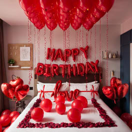 Red birthday balloons and heart balloons arranged over a bed with a love sign