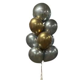 Cluster of metallic gold and silver balloons with long ribbons