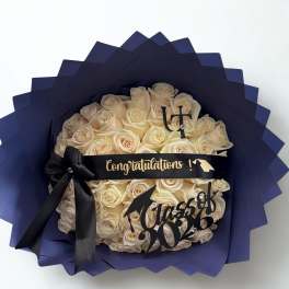 graduation white roses & Blue Paper