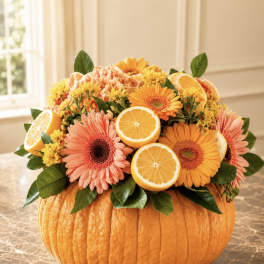 Orange gerbera daisies and citrus slices arranged in a pumpkin