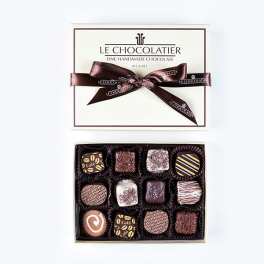 Box of assorted chocolates with a ribbon-tied lid