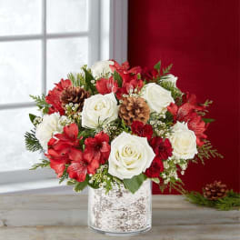 Red and white floral arrangement in a silver vase with pinecones
