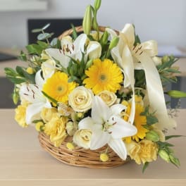 Basket arrangement of white lilies, yellow gerberas, and cream roses with ribbon