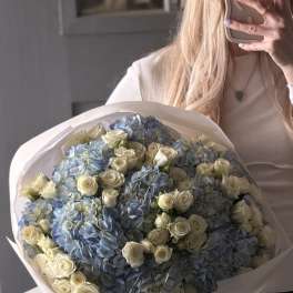 Large bouquet of blue hydrangeas and white roses wrapped in white paper