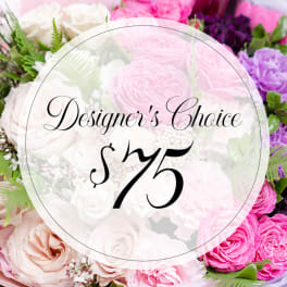 Mixed pink and white flower bouquet with a $75 designer's choice label