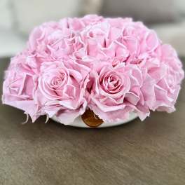 A low bouquet of pink roses in a shallow white container