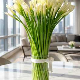 White calla lilies in a clear glass vase with a ribbon