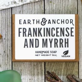 Boxed handmade soap labeled Earth & Anchor Frankincense and Myrrh
