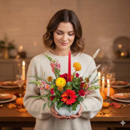 Woman holding a colorful floral centerpiece with a red candle