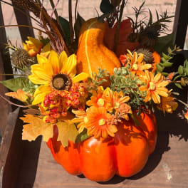Orange pumpkin arrangement with yellow and orange flowers