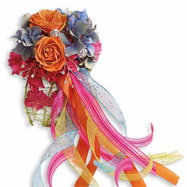 Orange roses with blue hydrangea and long colorful ribbons