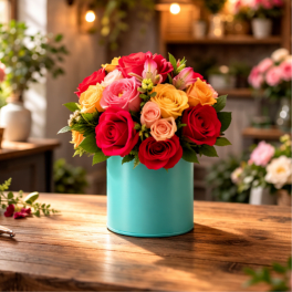 Bright mixed rose arrangement in a turquoise cylinder vase on a wooden table