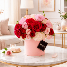 Pink and red rose arrangement in a blush cylindrical box