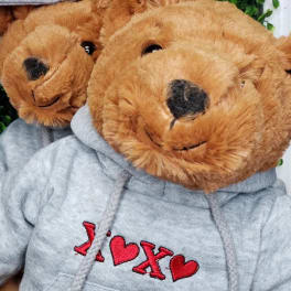 Two teddy bears in gray hoodies with red heart embroidery