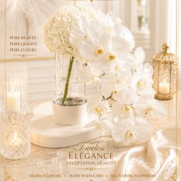 White orchid arrangement in a clear vase with a white hydrangea bloom