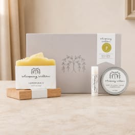 Lemongrass self-care gift box with a candle, balm, and lip product