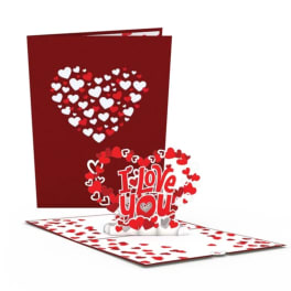 Pop-up Valentine card with red and white hearts and "I Love You" text