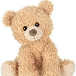 Plush teddy bear with tan fur and cream paws sitting upright