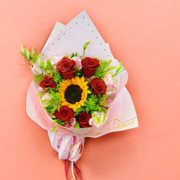 One Sunflower with roses bouquet