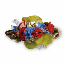Floral wrist corsage with red roses and blue flowers