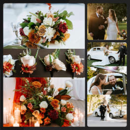 Wedding floral arrangements with white, peach, and orange blooms