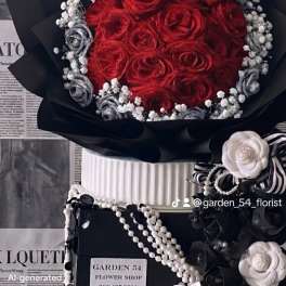 Red rose bouquet wrapped in black paper with white accents