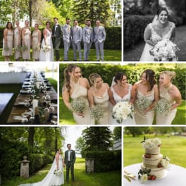 Wedding party with white bouquets and a tiered cake decorated with flowers