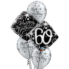 Cluster of birthday balloons with black and silver designs and a "60" balloon