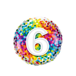 Round multicolor balloon with a large white number 6