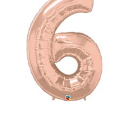 Rose gold foil balloon shaped like the number 6