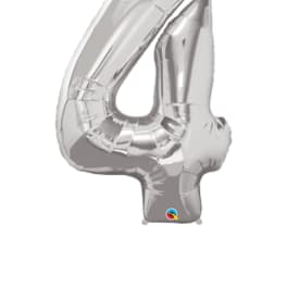 Silver foil balloon shaped like the number 4